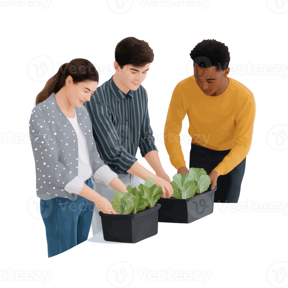 Three young adults engaging in gardening by planting fresh vegetables in containers, showcasing teamwork and connection to nature in a hands-on activity. png