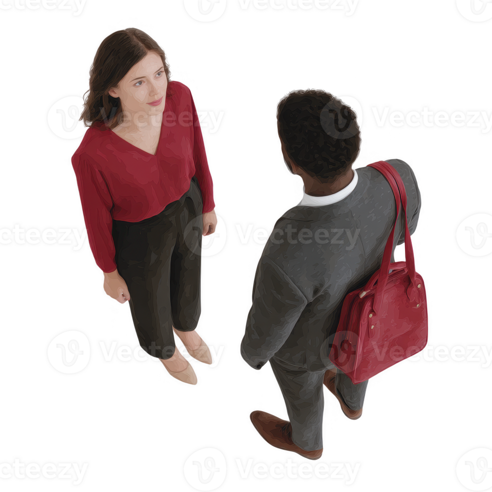 Two business professionals engaged in conversation, showcasing collaboration and teamwork in a modern office environment, isolated against a white background. png