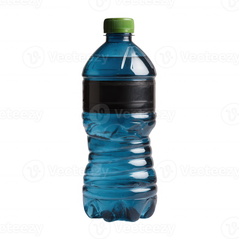 Transparent blue sports drink bottle with green cap, isolated on white background. Ideal for health and fitness themes. png