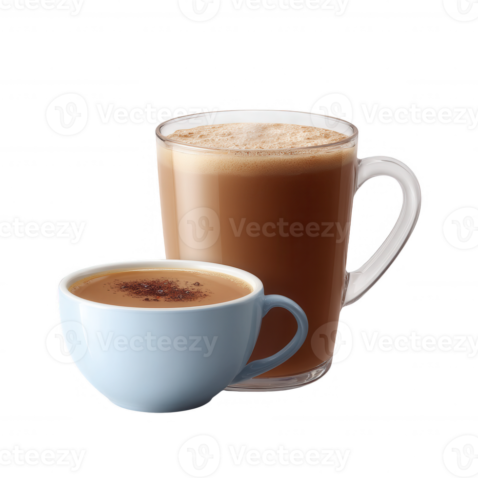 Two coffee cups, one small blue cup and one tall glass mug, filled with rich, frothy coffee. Perfect for showcasing different coffee styles in a minimalist composition. png