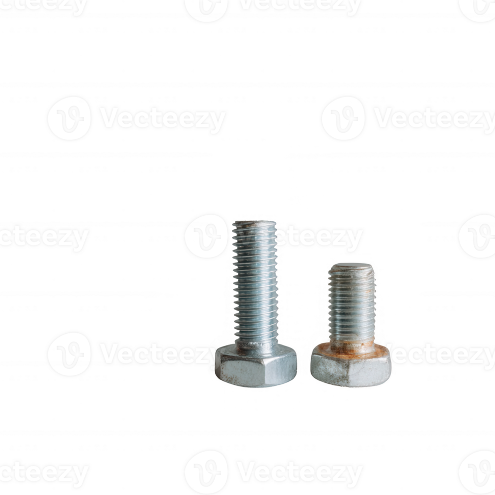 Two metal bolts showcasing different sizes and finishes, isolated on a white background for clear visibility. png