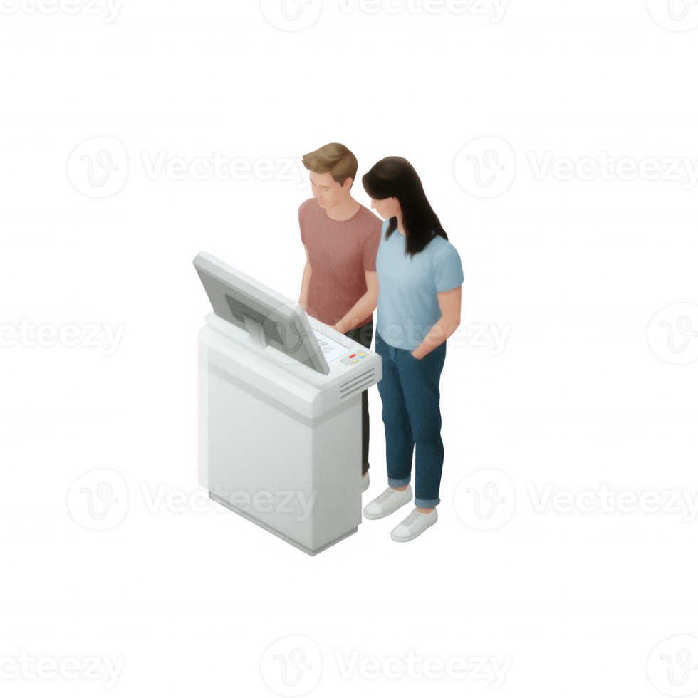 Two people interacting with a modern touchscreen kiosk in a sleek, digital interface setting. png