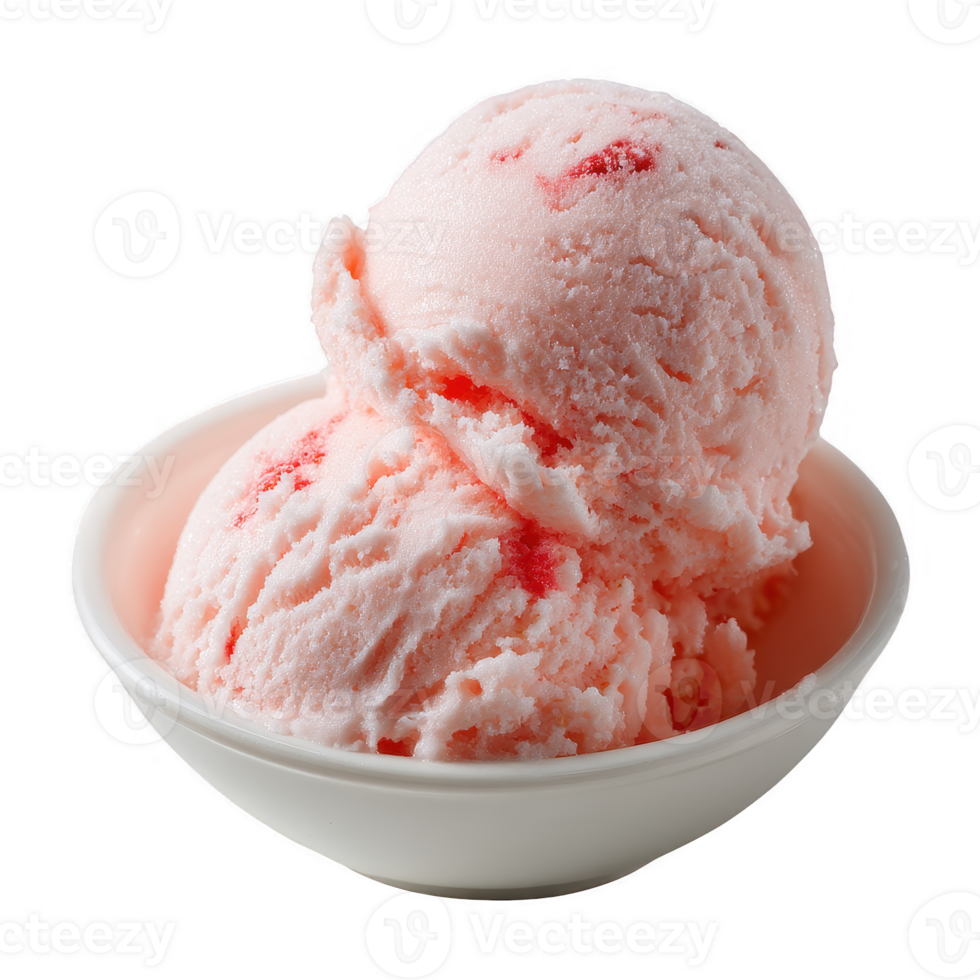 Two scoops of strawberry ice cream in a smooth white bowl, showcasing a creamy texture with vibrant red strawberry swirls, perfect for summer enjoyment. png