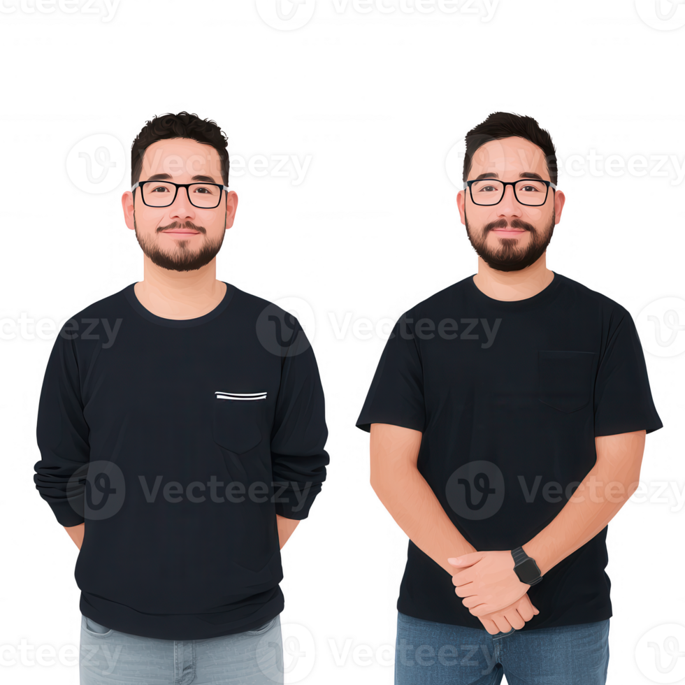 Two young men with glasses standing side by side, with one hands in pocket and the other crossed, against a white isolate background. png