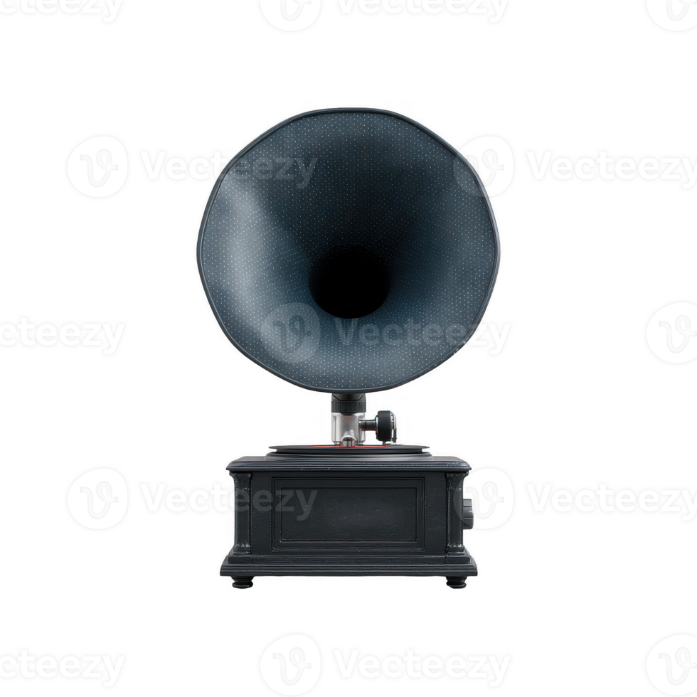 Vintage gramophone with a large horn, showcasing classic design. Ideal for music enthusiasts and collectors. Perfect for nostalgic themes and retro music aesthetics. png