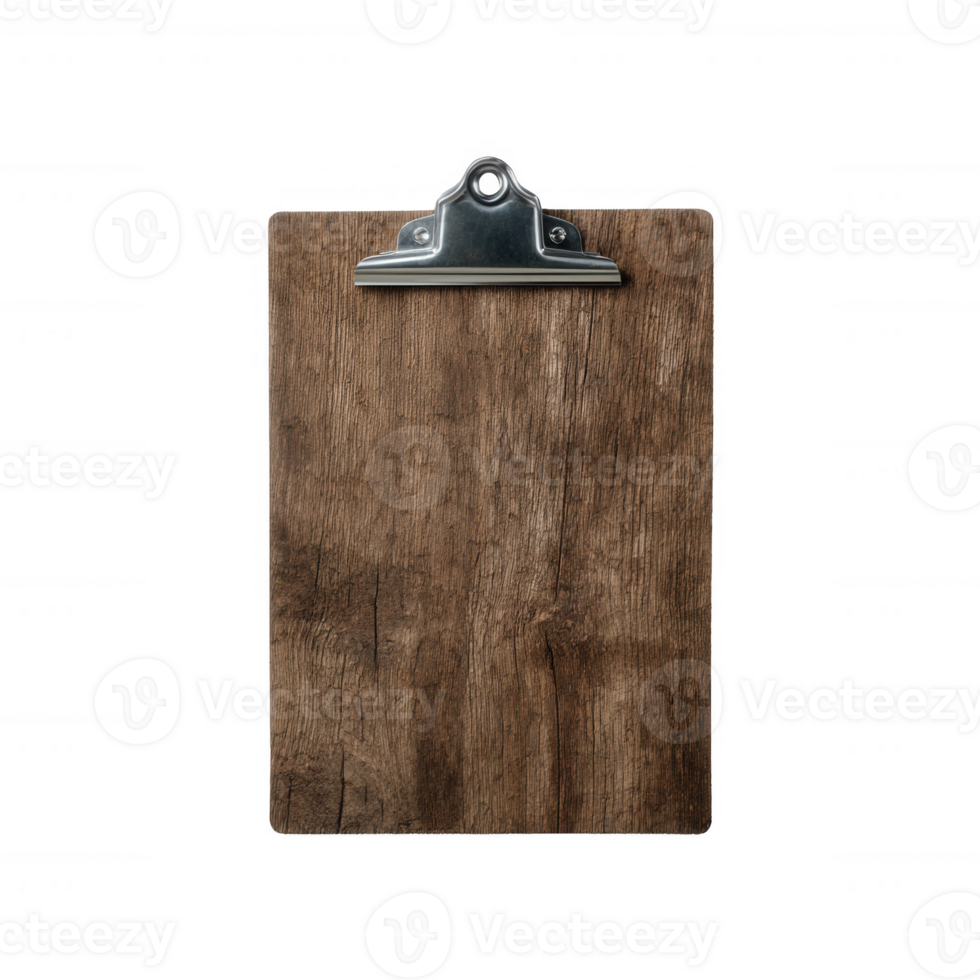 Wooden clipboard with a metal clip, showcasing a rustic design. Ideal for office, school, or creative workspaces. png