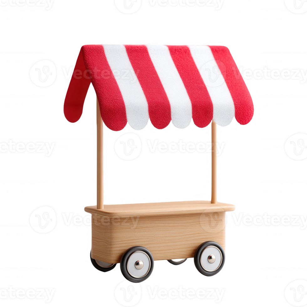 Wooden toy market stall with red and white striped canopy on white isolated background. png