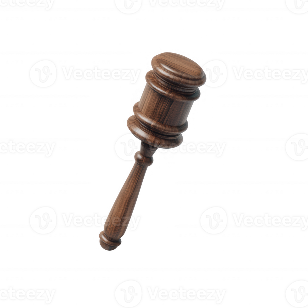 Wooden gavel with a smooth finish, symbolizing authority and justice, isolated on a white background. png