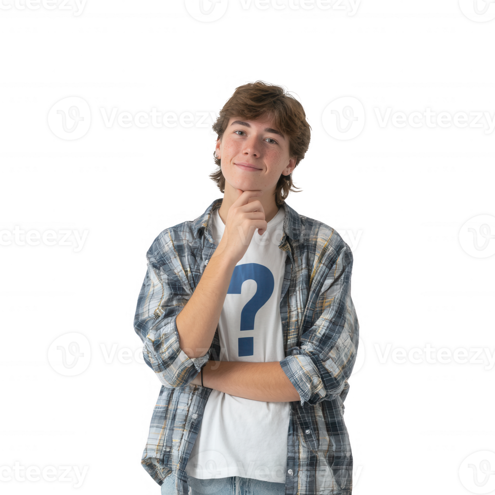 Young man with a questioning expression, wearing a casual plaid shirt and a shirt with a question mark. Isolated on a white background, perfect for various conceptual themes. png