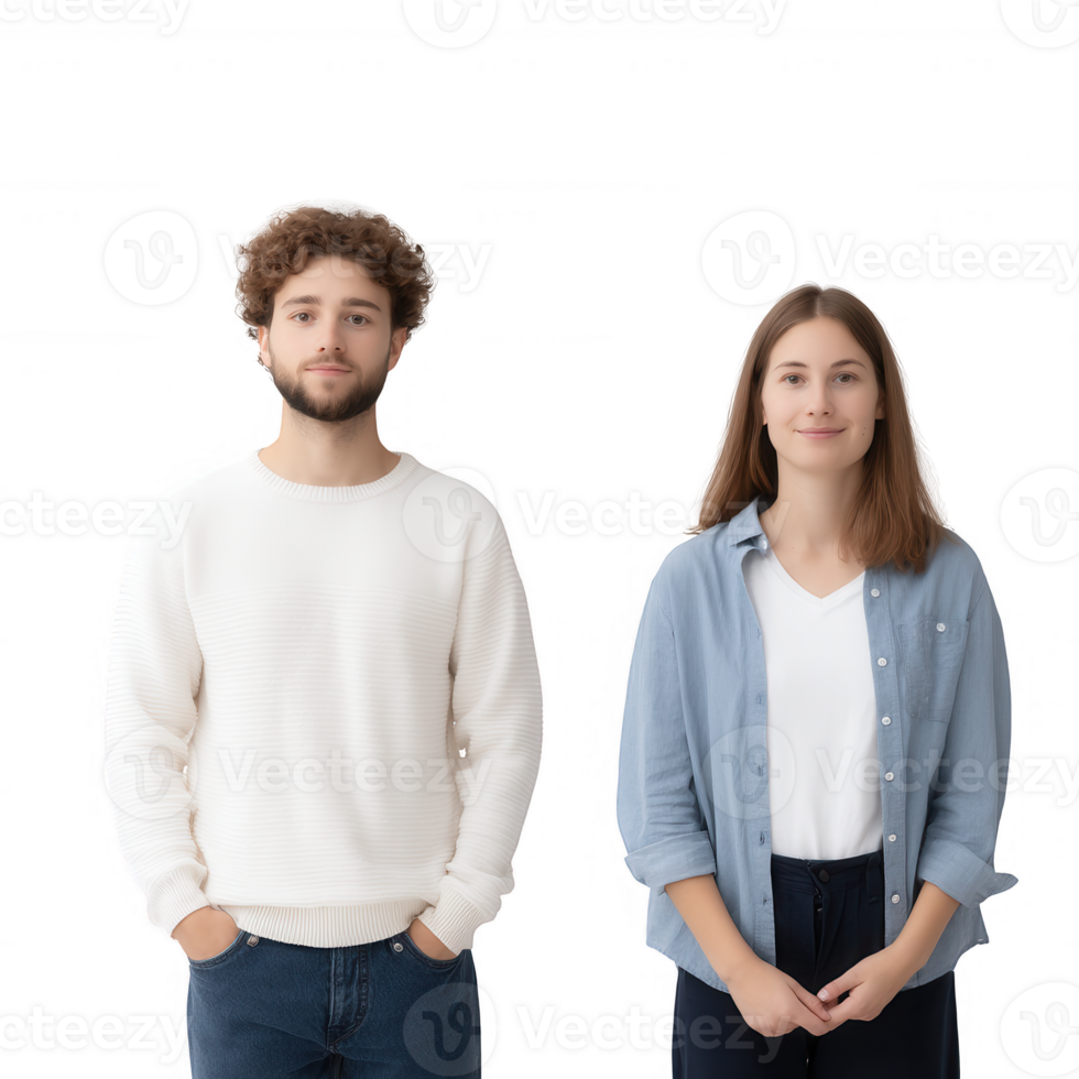 Young diverse couple standing together with friendly expressions, isolated against a white background. png