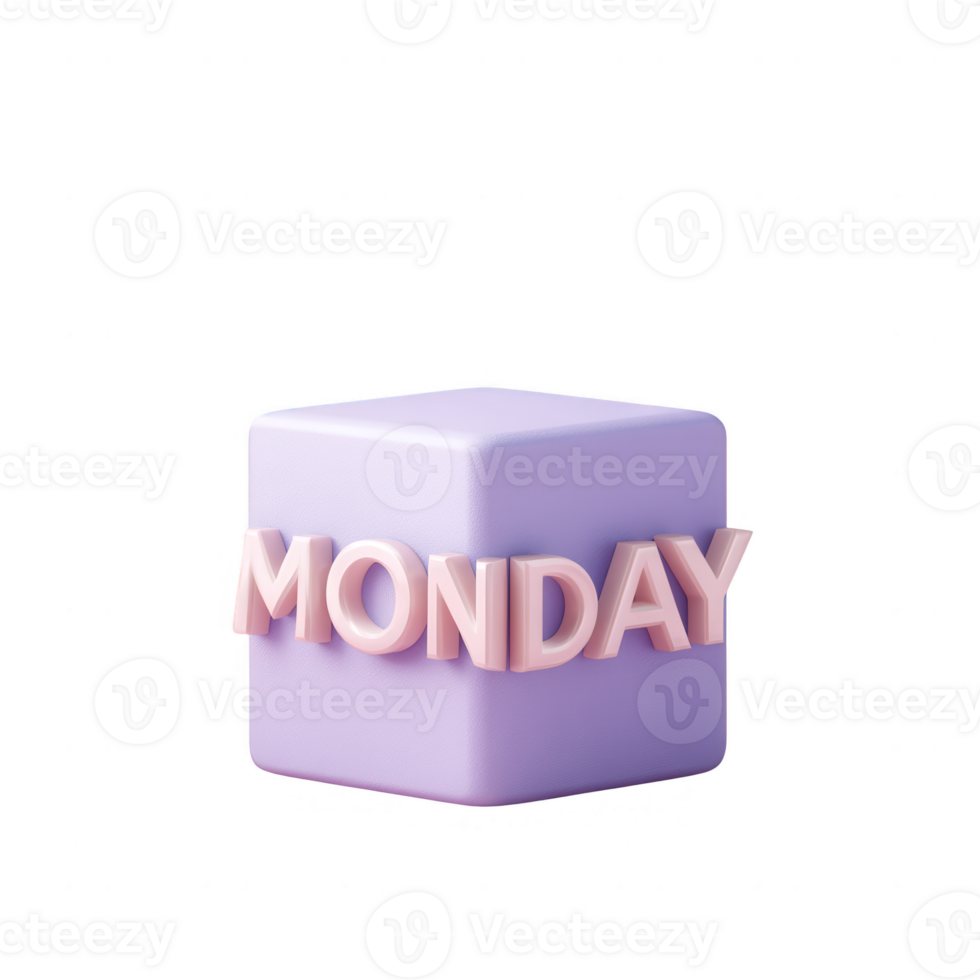 A 3D rendered cube featuring the word 'MONDAY' in pink letters against a soft purple background, ideal for motivational content and creative projects. png