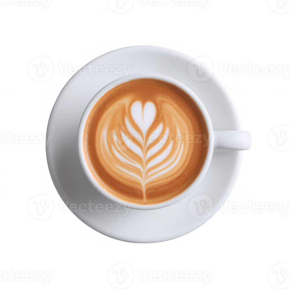 A beautifully crafted latte art in a white ceramic cup, showcasing a heart shape created with steamed milk on rich espresso, set against a white background. png