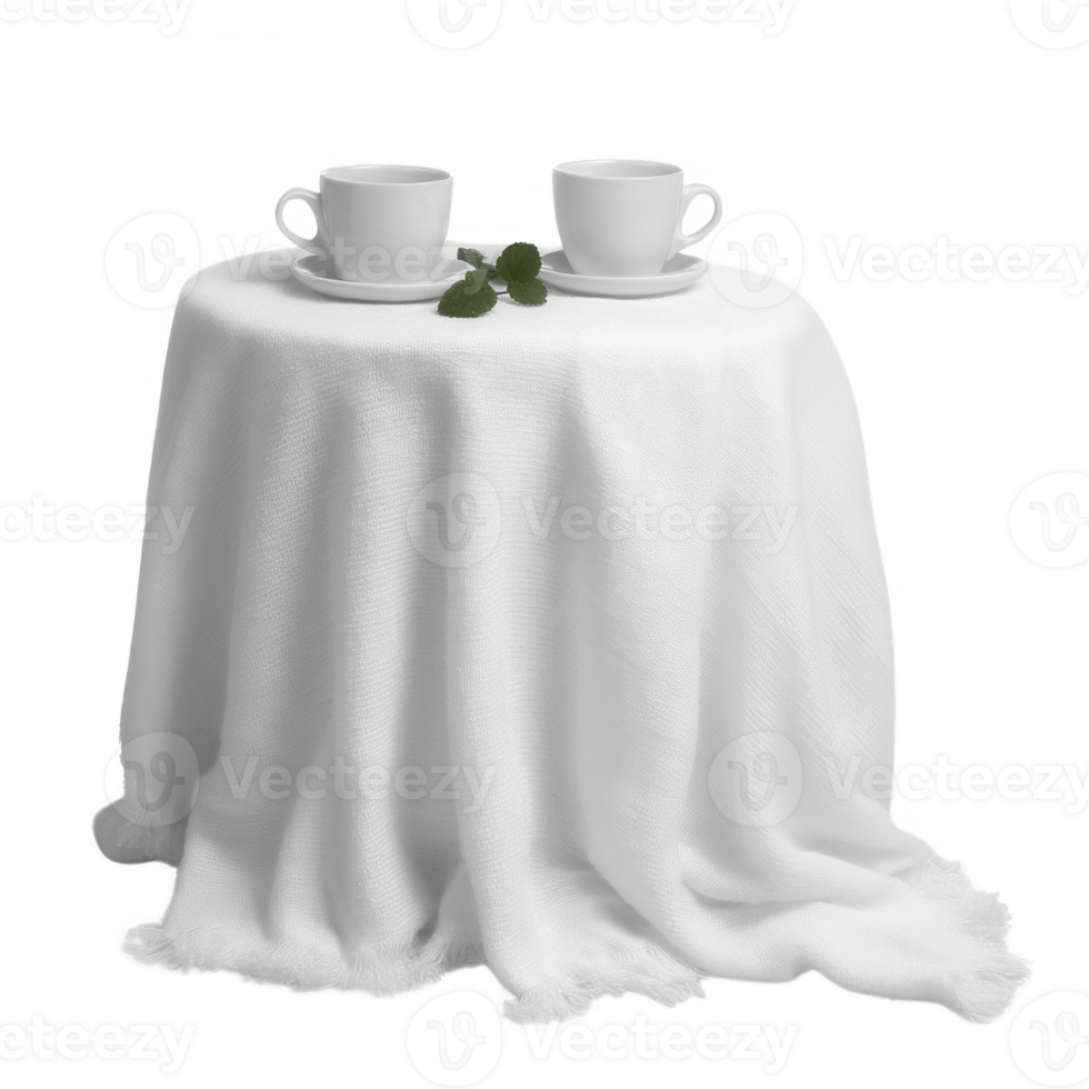 A beautifully set table with two white cups and a small green leaf on a soft white tablecloth, creating an elegant and inviting atmosphere. png