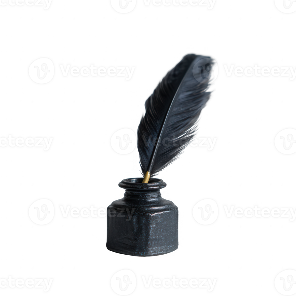 A black ink bottle with a feather quill pen, symbolizing writing and creativity, on a white isolated background. png
