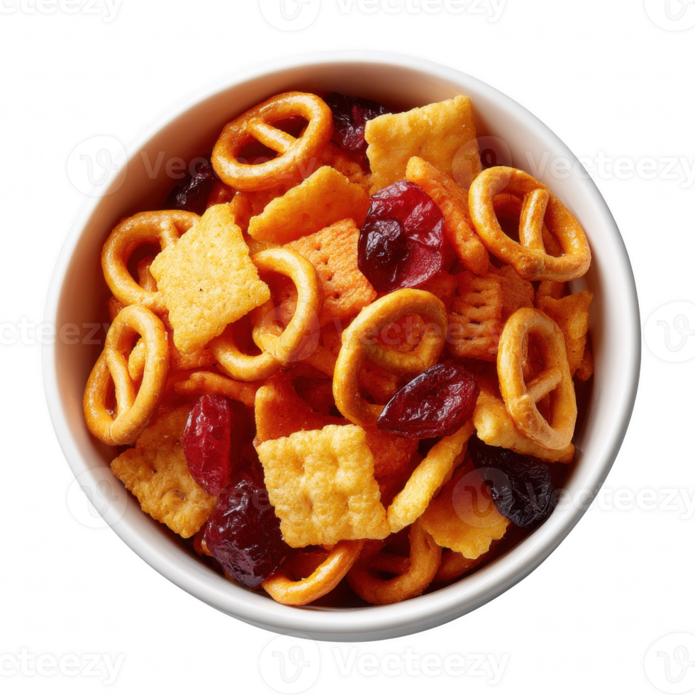 A bowl of assorted crunchy snacks including pretzels and crackers, mixed with dried cranberries, perfect for sharing or on-the-go snacking. png