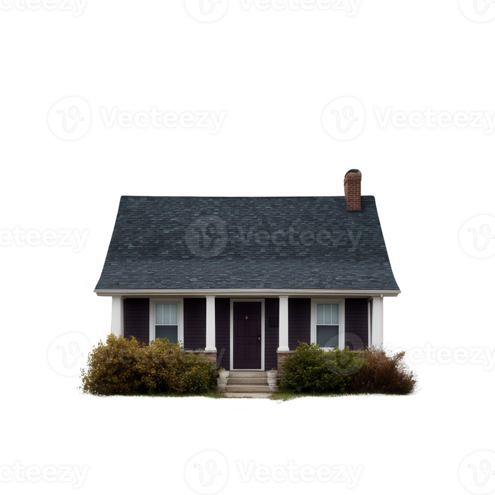 A charming, traditional house with a sloped roof, surrounded by lush greenery. Perfect for home-related projects or real estate imagery. png
