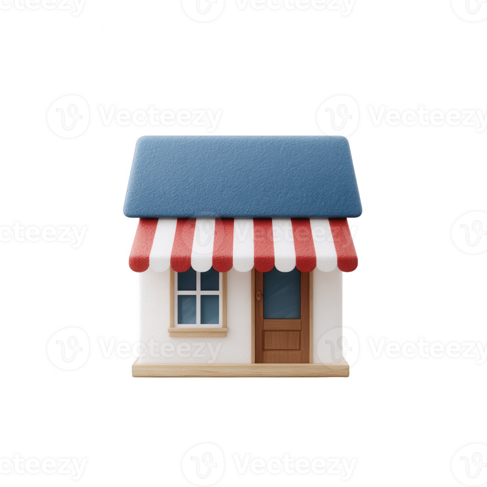 A charming small shop with a red and white striped awning, showcasing a welcoming entrance and large front window, ideal for illustrating business or retail concepts. png