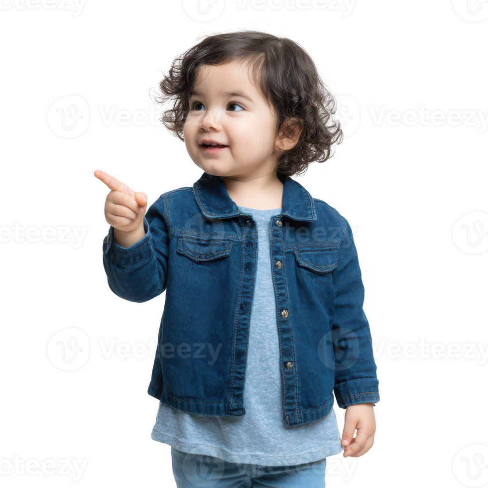 A cheerful child pointing with a smile, dressed in a denim jacket over a gray shirt, exuding curiosity and joy, perfect for family-oriented themes. png