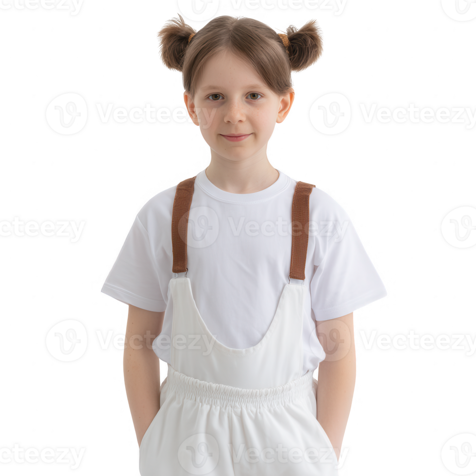 A cheerful child wearing a white t-shirt and overalls with brown straps, looking directly at the camera with a friendly smile, isolated on a white background. png