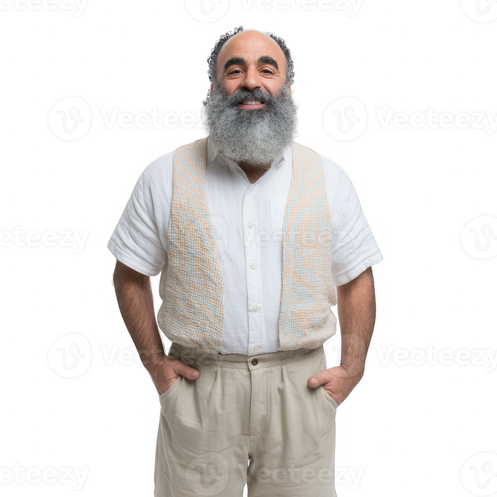 A cheerful man with a grey beard wearing a white shirt and light pants, standing confidently with a smile and hands in pants pockets. png