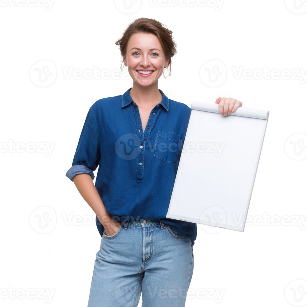 A cheerful individual holding a blank notepad, smiling confidently, casual attire, white isolated background. png
