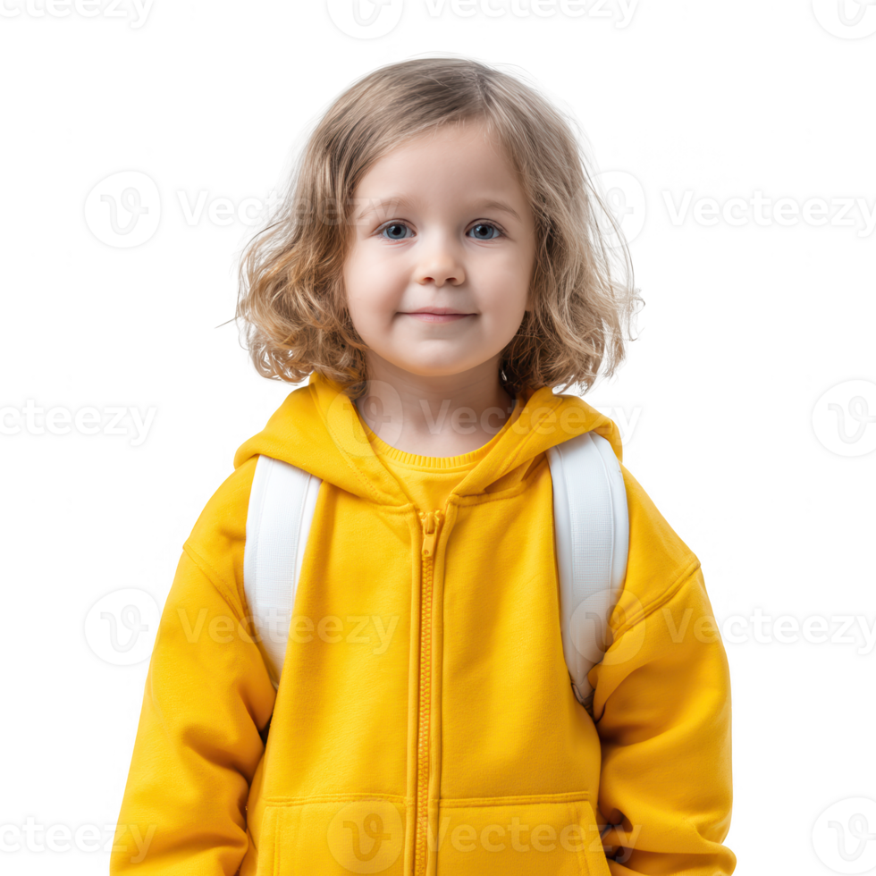 A cheerful young child wearing a bright yellow hoodie, standing with a backpack, exuding a playful and energetic vibe against a white isolated background. png