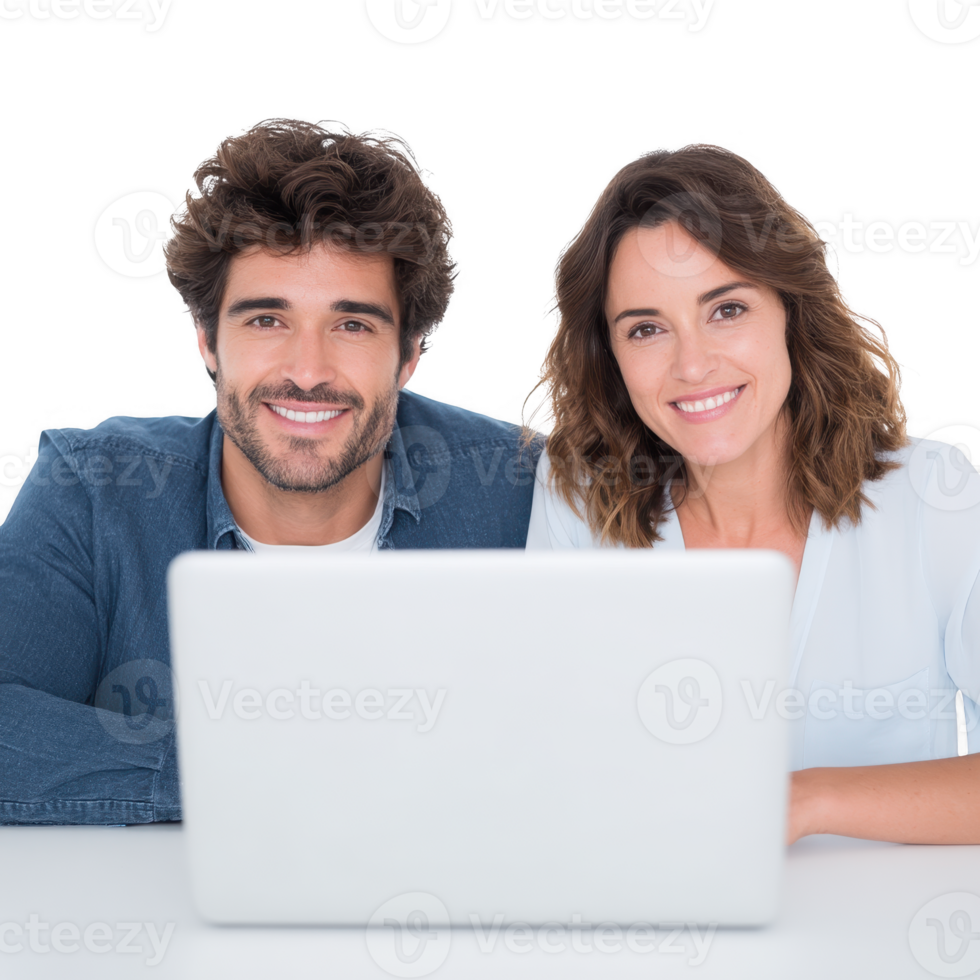 A cheerful young couple sitting together at a laptop, smiling confidently. Perfect for themes of partnership, teamwork, remote work, and modern lifestyle. png
