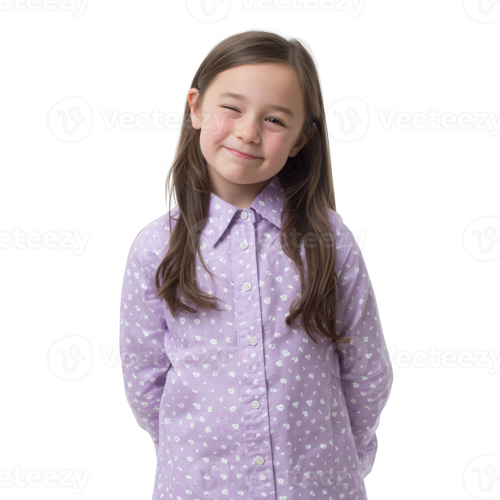 A cheerful young girl wearing a light purple button-up shirt with white hearts, smiling and posing against a white isolated background. png