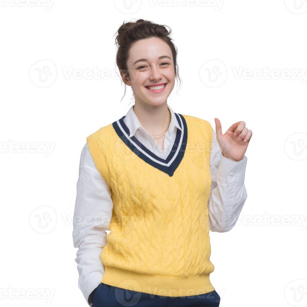 A cheerful young woman in a yellow sweater vest and white shirt gives a thumbs-up, exuding positivity and confidence against a white background. png