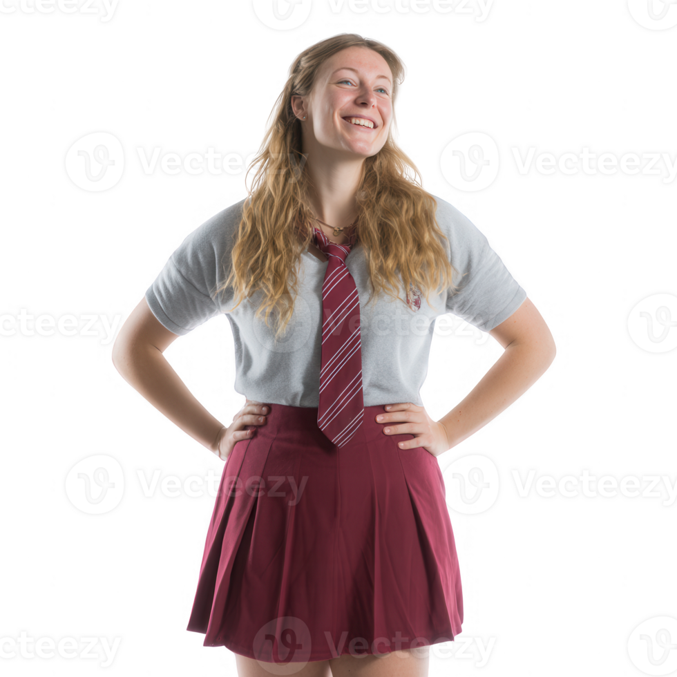 A cheerful young student wearing a school uniform with a shirt, tie, and skirt. She stands confidently with hands on hips, smiling against a white isolated background. png