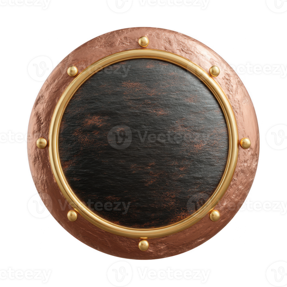 A circular metal frame with a textured black center, featuring a golden border and brass studs for decoration, perfect for artistic design and maritime themes. png