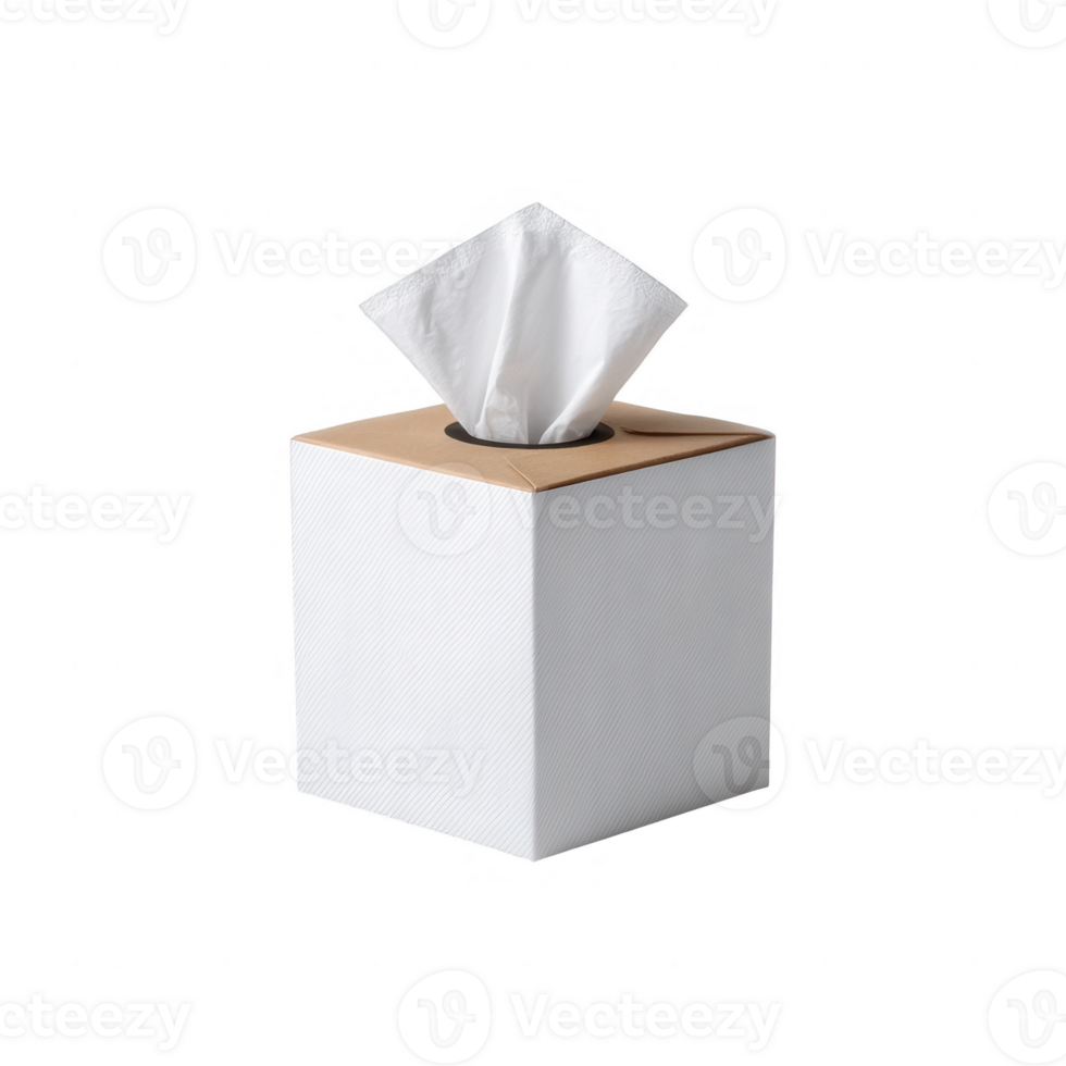 A clean, modern tissue box with a partially pulled tissue, set against a white background, ideal for home or office use. png
