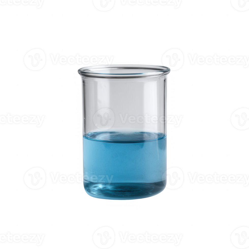 A clear glass beaker filled with blue liquid, isolated on a white background. Ideal for educational and laboratory-related projects. png