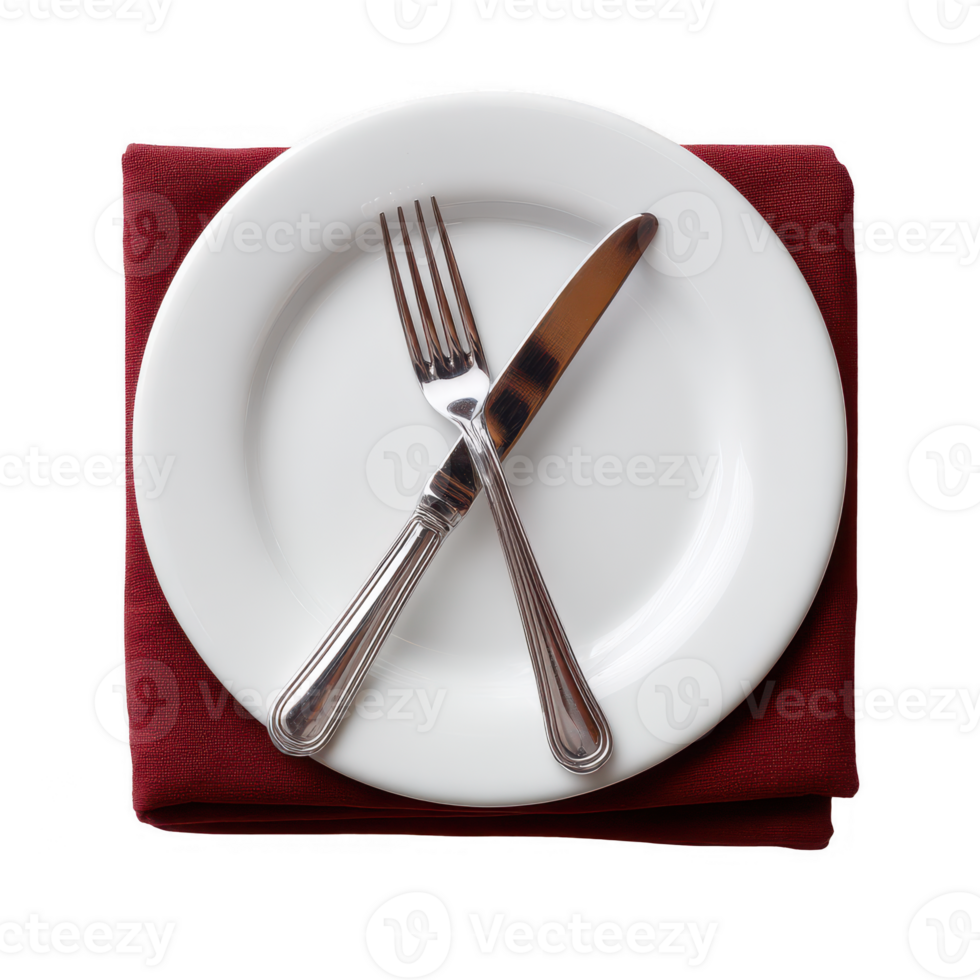 A clean white plate with a fork and knife crossed on a burgundy napkin, elegantly arranged for dining. png