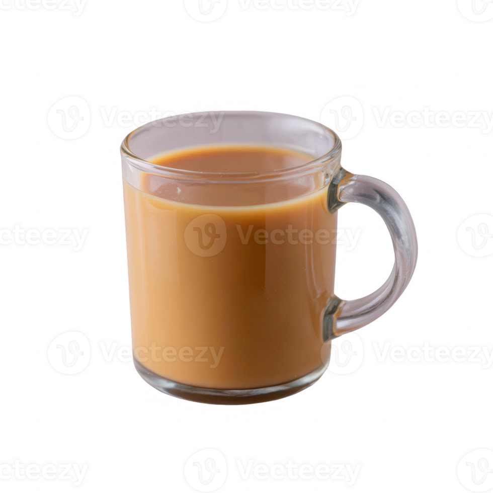 A clear glass mug filled with steaming brown tea, showcasing its creamy texture and inviting color, perfect for cozy moments or a refreshing beverage. png