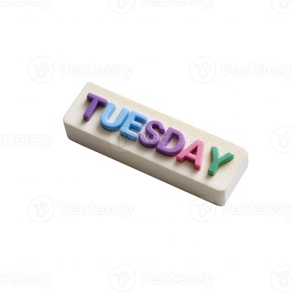 A colorful block displaying the word 'Tuesday' in various pastel colors, ideal for planners, organization tools, or educational materials, set against a white isolated background. png