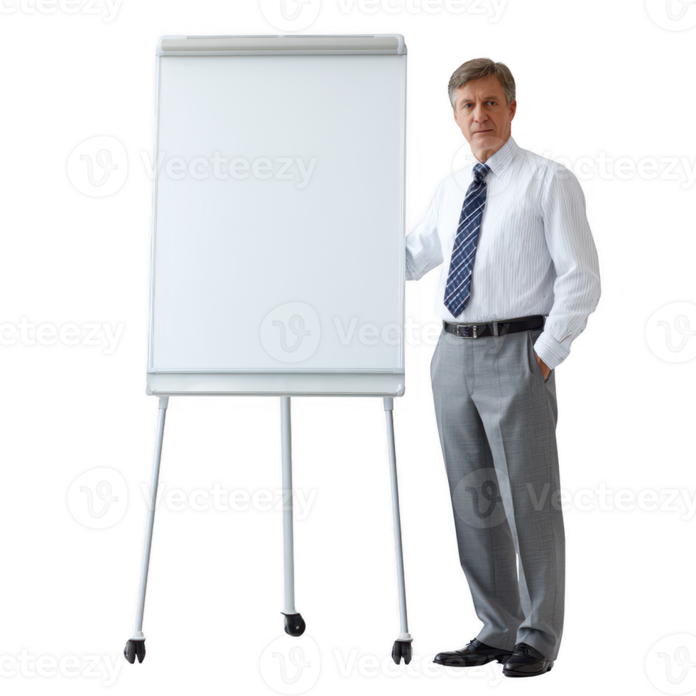A confident businessman stands next to a blank flip chart, ready to present ideas. The setting conveys professionalism and anticipation, perfect for corporate presentations. png