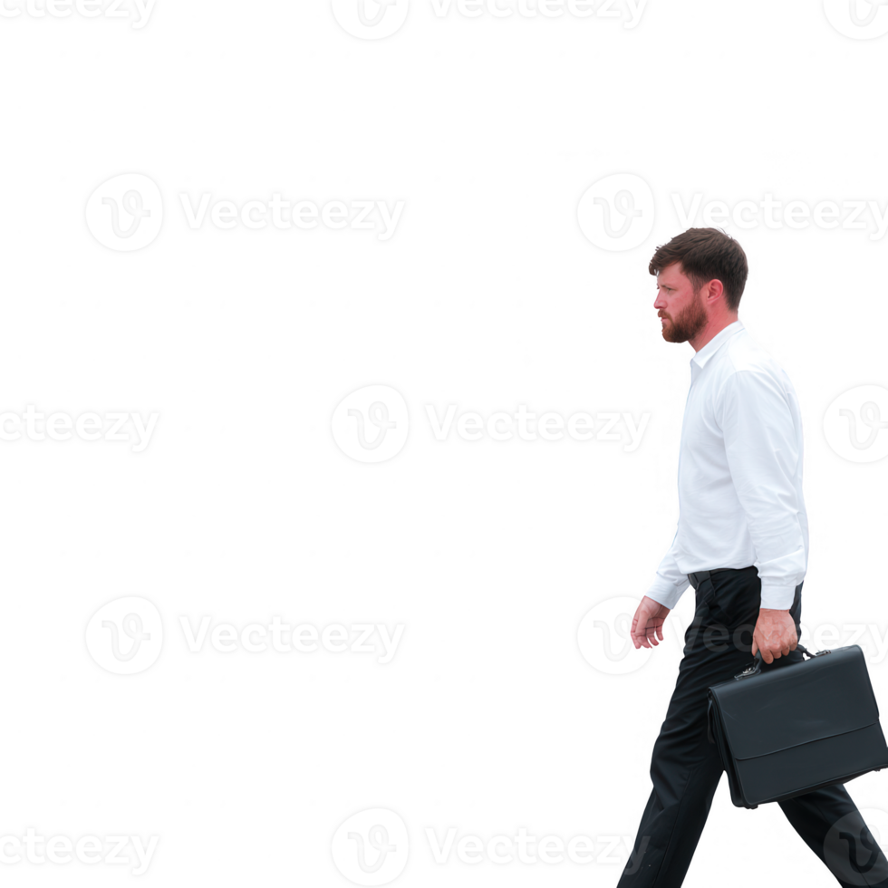 A confident professional man in a white shirt and black trousers walks purposefully while carrying a briefcase, symbolizing business success and determination. png