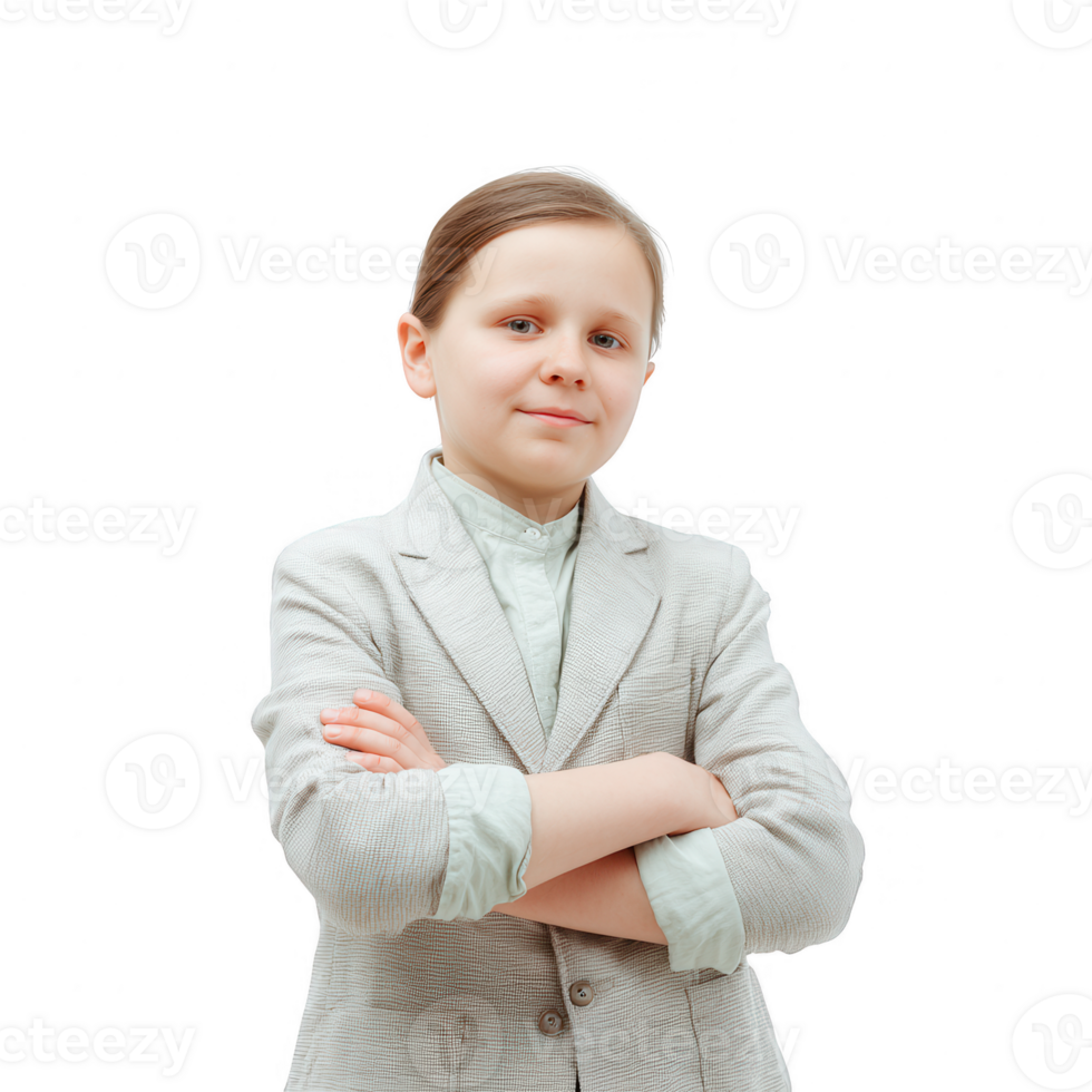 A confident young child posing with arms crossed, wearing a stylish suit and a subtle smile, embodying professionalism and youthful charm. png