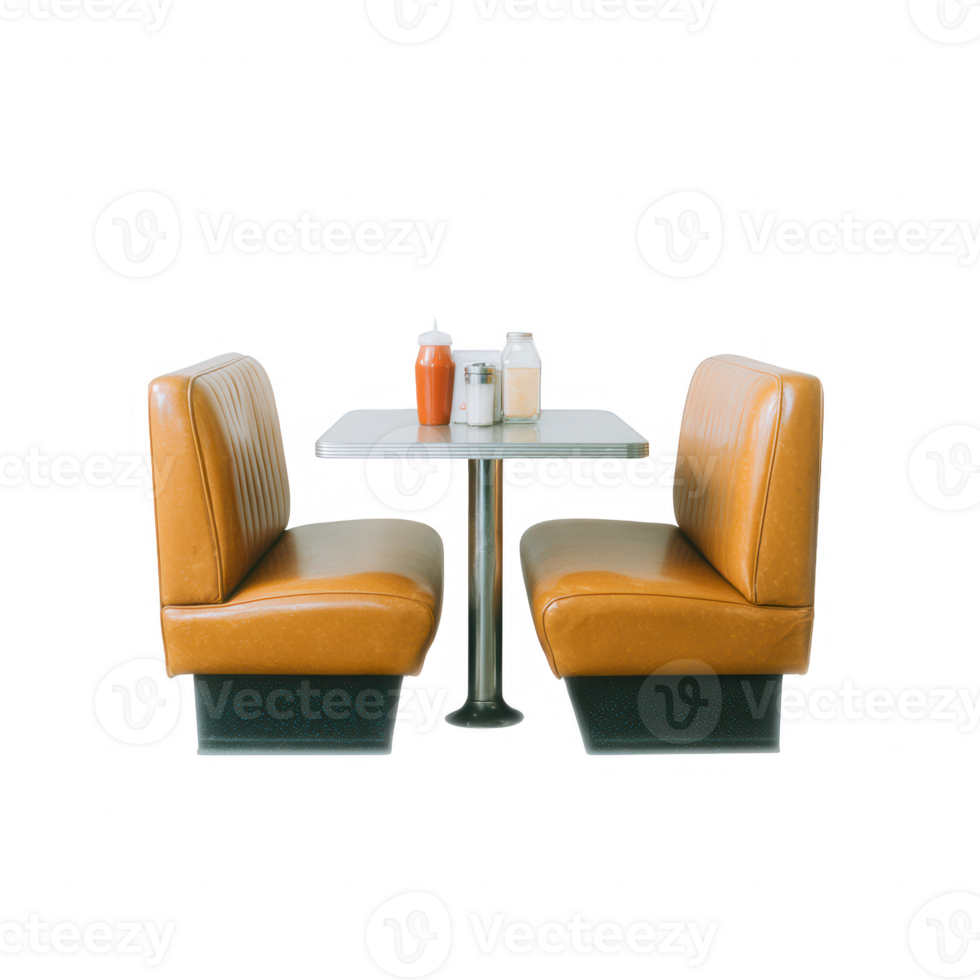 A cozy diner booth with two orange seats and a small table, featuring condiments, perfect for an inviting eating atmosphere. png