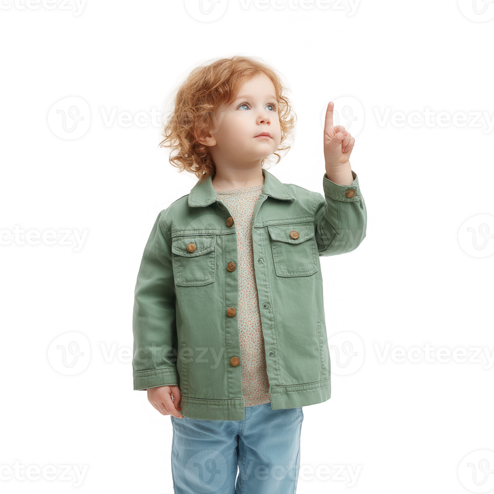 A curious child with curly hair pointing upwards, dressed in a stylish green jacket, captured against a white isolated background, exuding wonder and imagination. png