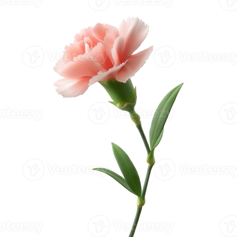 A delicate pink carnation flower, showcasing vibrant layers and green leaves on a white isolated background, perfect for floral designs and romantic themes. png