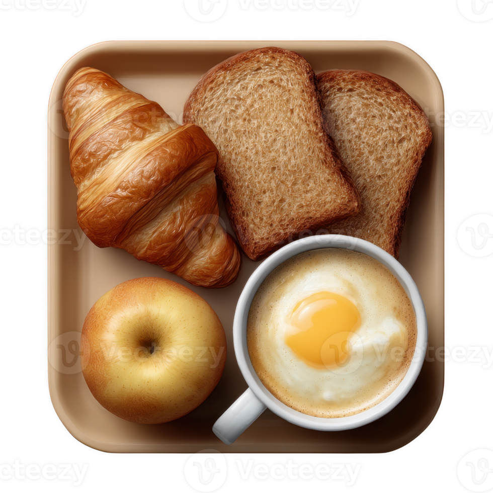 A delicious breakfast platter featuring a croissant, two slices of toasted bread, a fresh apple, and a cup of sunny-side-up eggs, all presented on a tray. png
