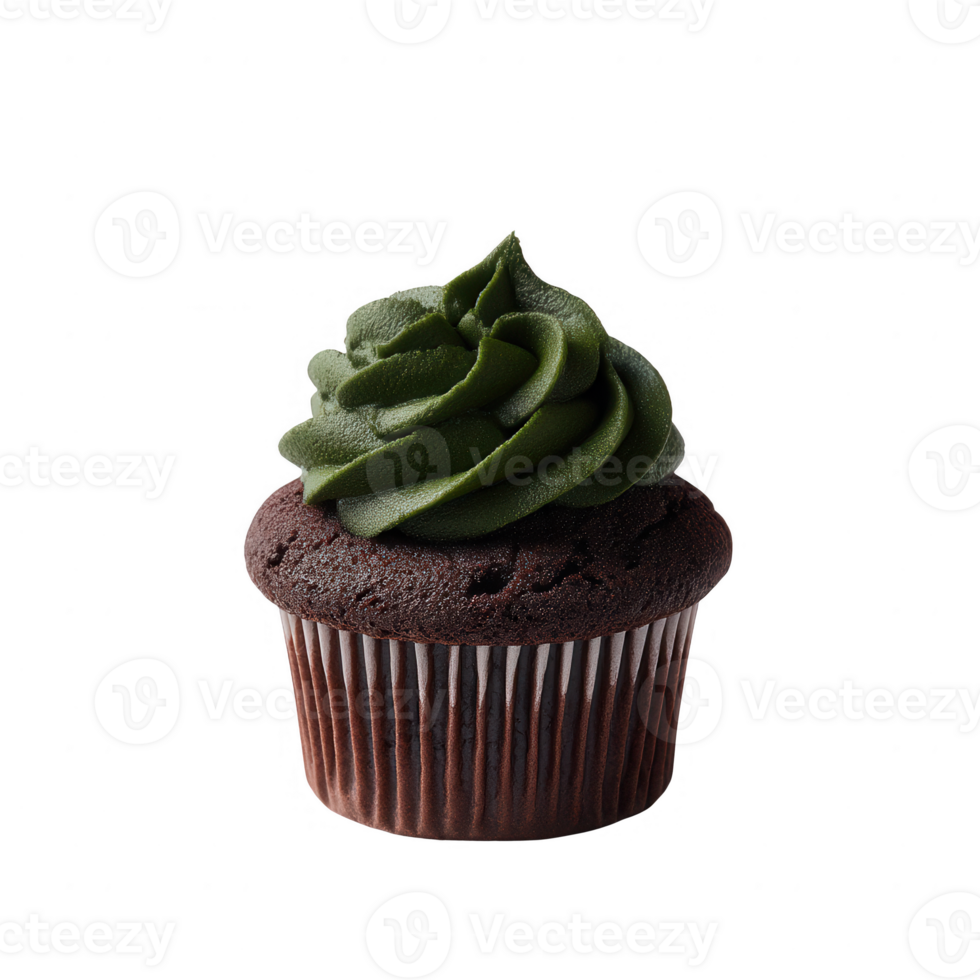 A delicious chocolate cupcake topped with smooth green frosting, sitting on a white background, perfect for dessert lovers and baking enthusiasts. png