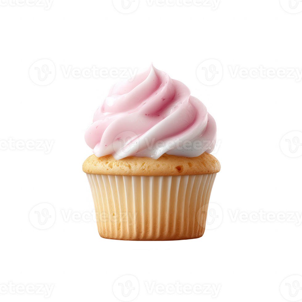 A delicious cupcake with a swirl of pink and white frosting on top, standing out against a white isolate background. Perfect for dessert lovers and event celebrations. png