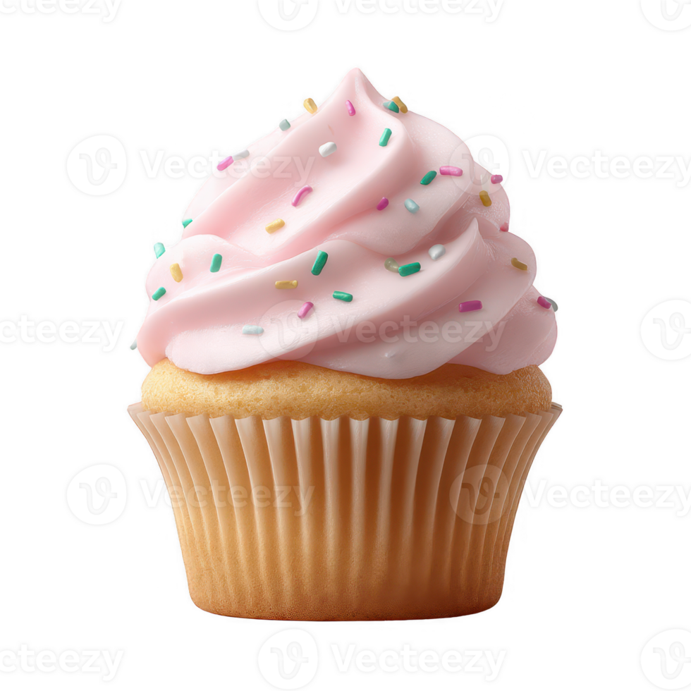 A delicious cupcake with fluffy pink frosting and colorful sprinkles, presented on a white background, perfect for dessert lovers and food marketing. png