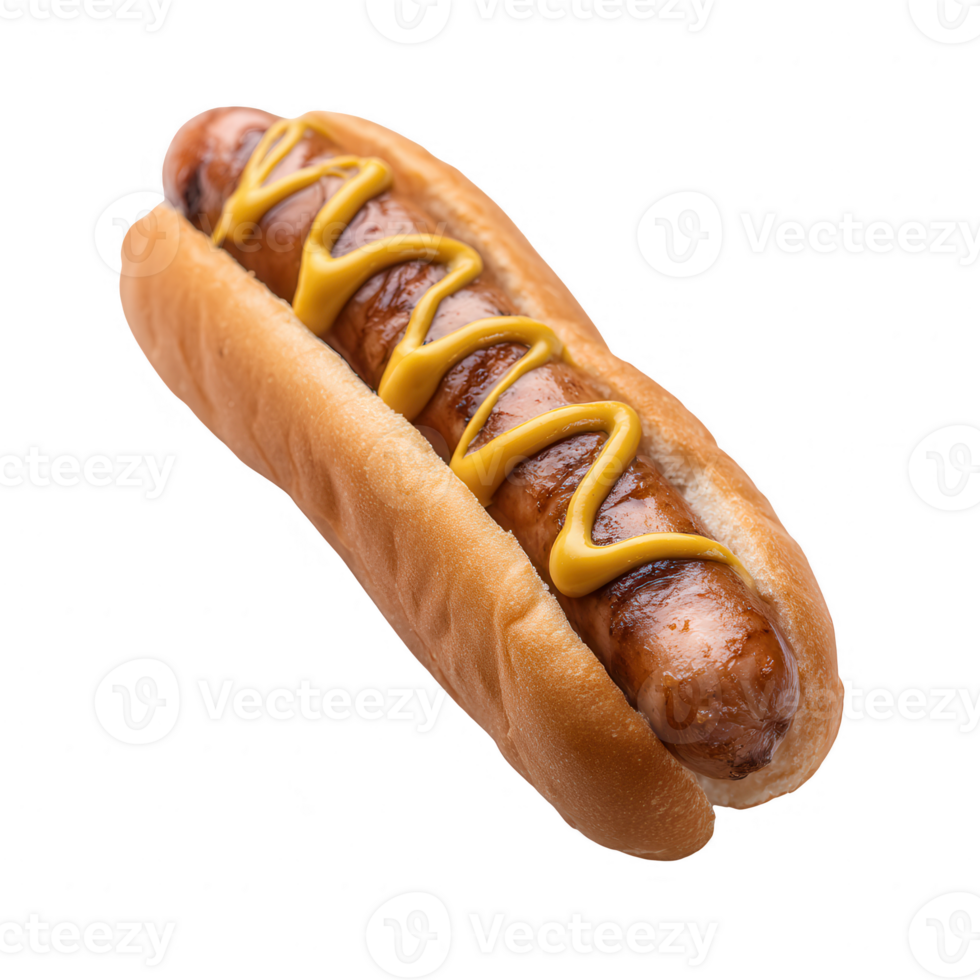 A delicious hot dog served in a soft bun, topped with a generous drizzle of yellow mustard, perfect for picnics and barbecues, isolated on a white background. png