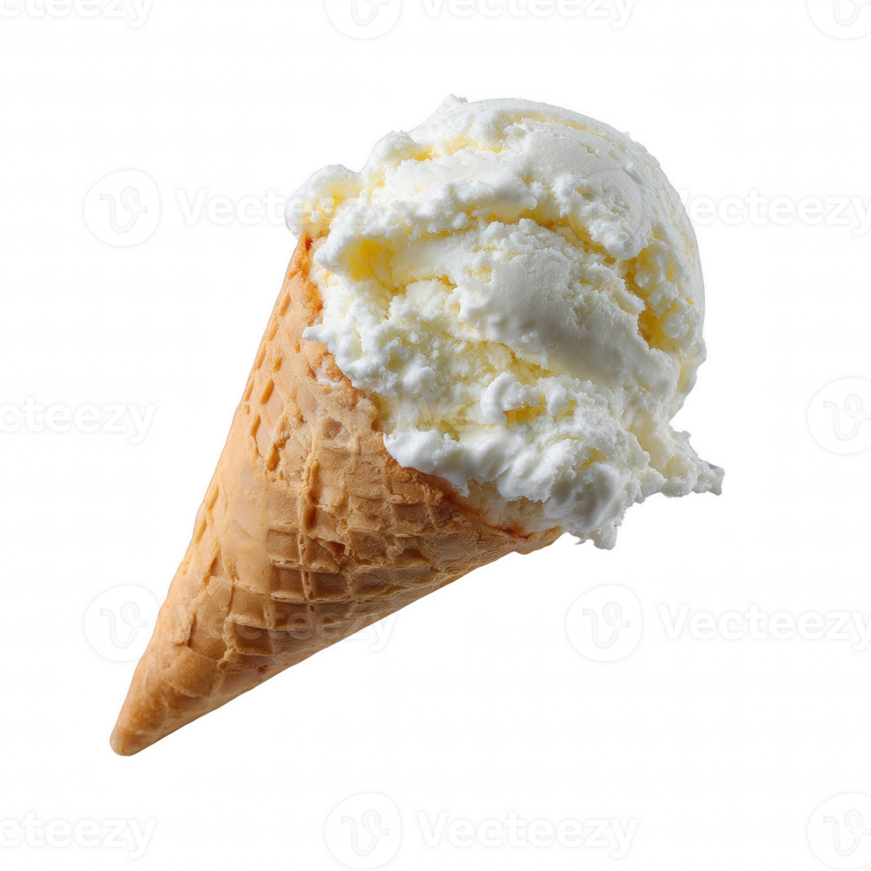 A delicious ice cream cone topped with fluffy whipped cream, perfect for a summer treat or dessert. Its crispy cone complements the creamy, sweet topping and invites indulgence. png