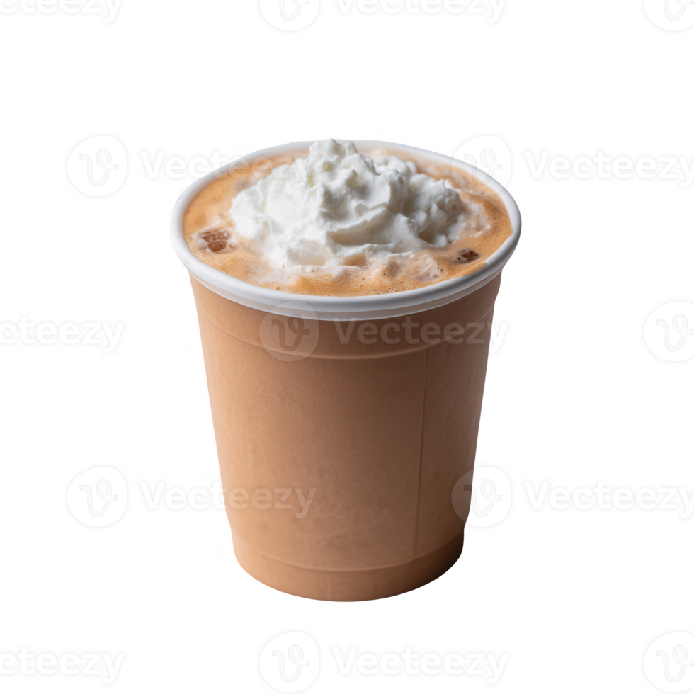 A delicious iced coffee topped with whipped cream in a clear cup, perfect for enjoying a refreshing beverage on a warm day. png