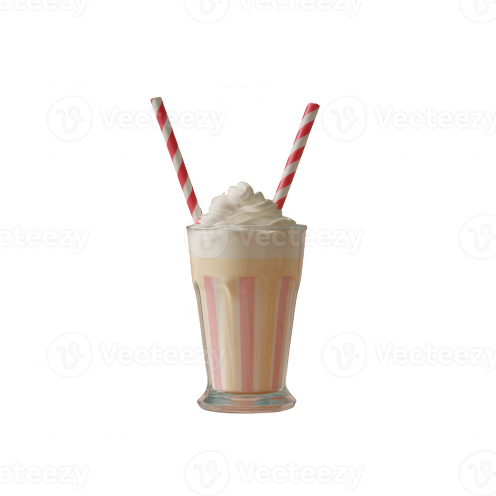A delicious milkshake served in a glass with two red-striped straws, topped with whipped cream, perfect for enjoying on a warm day. png